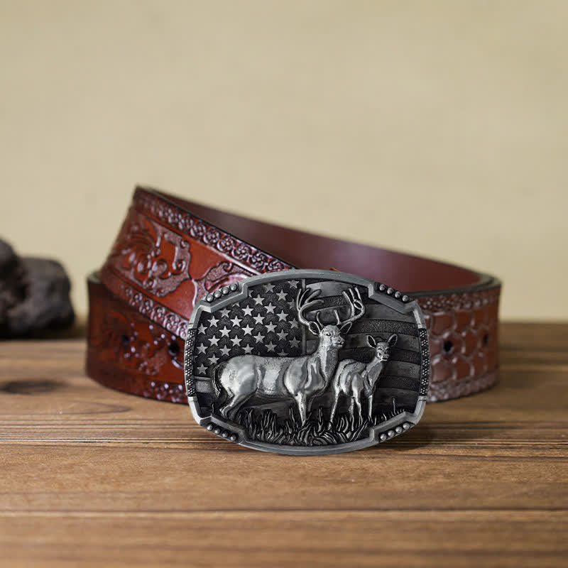 Men's DIY Deer Hunter American Flag Buckle Leather Belt - Silver Deers - Brown Carved Belt (115 cm/46 inch) - image 31