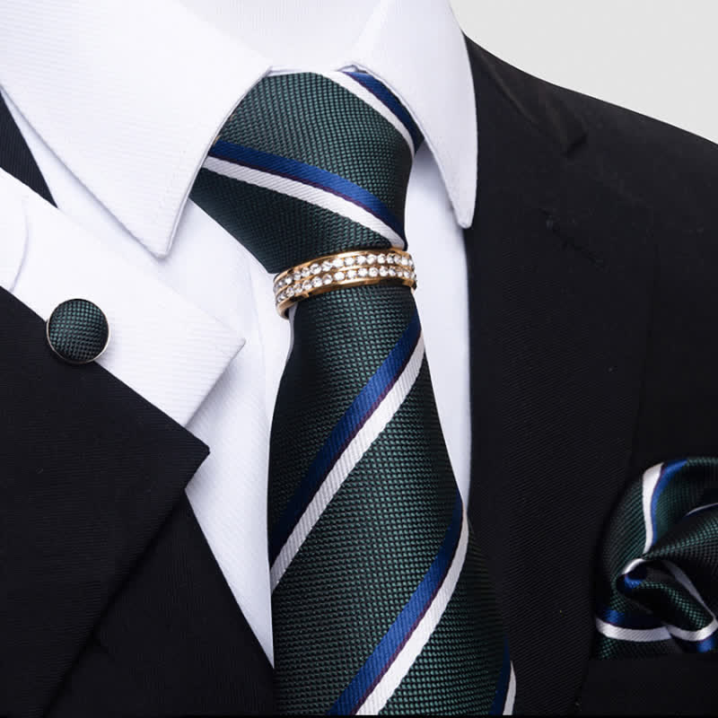 4Pcs Men's Striped Necktie Set With Tie Ring - Dark Green - image 0