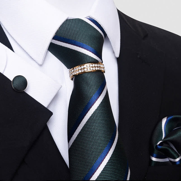 4Pcs Men's Striped Necktie Set With Tie Ring - Dark Green - image 0