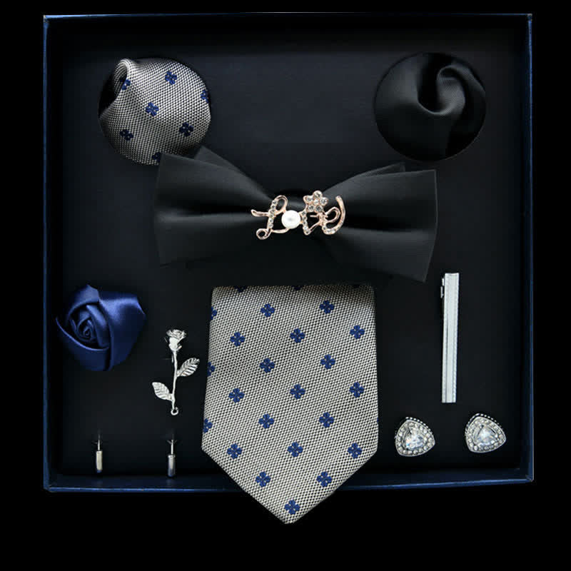 8Pcs Black&LightSlateGray Floral Casual Necktie Bow Ties Gift Box - Black&LightSlateGray - image 0
