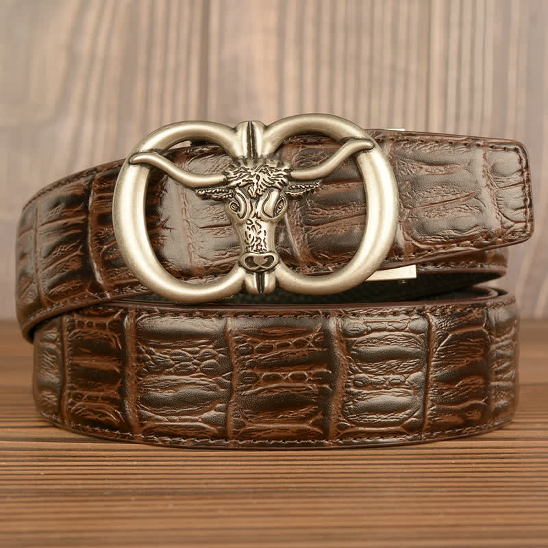 Men's Giant Ox Crocodile Pattern Leather Belt - Silver & Brown - Crocodile Skin - 44 - image 14