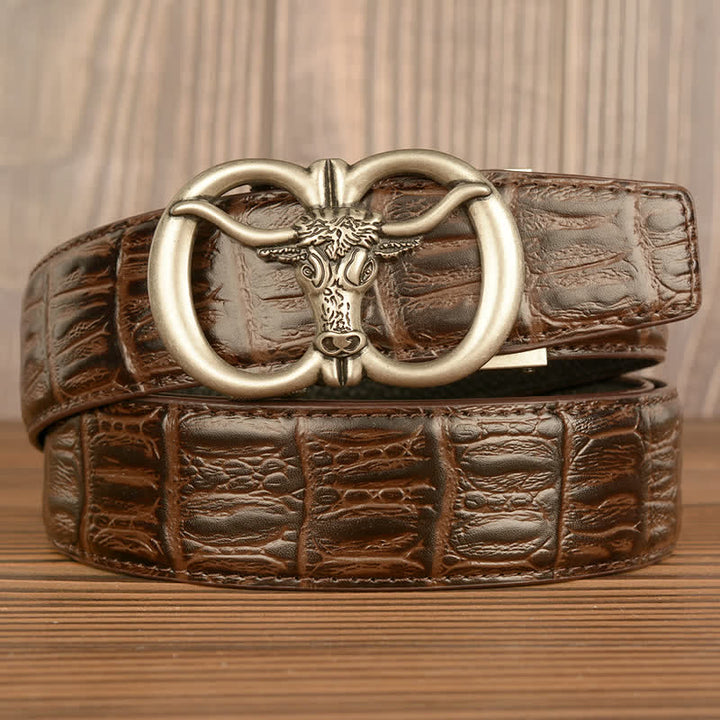 Men's Giant Ox Crocodile Pattern Leather Belt - Silver & Brown - Crocodile Skin - 44 - image 14
