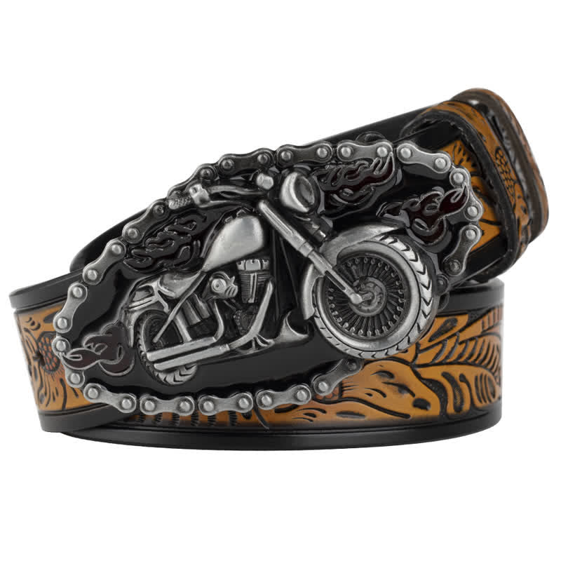 Men's Punk Rock Motorcycle Biker Leather Belt - Yellow / Silver - 46 - image 2