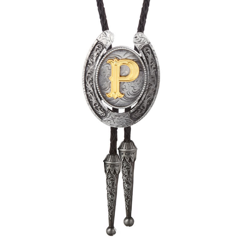 Modern Western Horseshoe Initial Letter A To Z Bolo Tie - Silver - P - image 46
