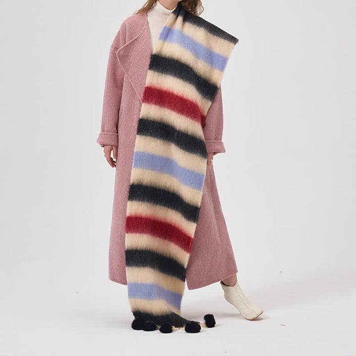 Women's Rainbow Color Striped Tassel Scarf - Black - image 5