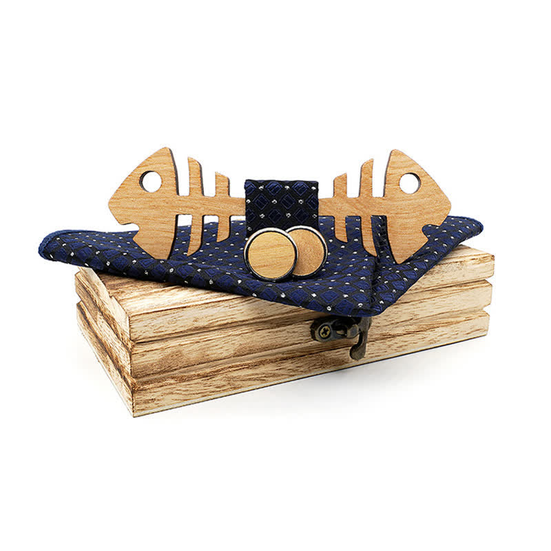 3Pcs Men's Fishbone Wooden Bow Tie Set - Navy - image 11
