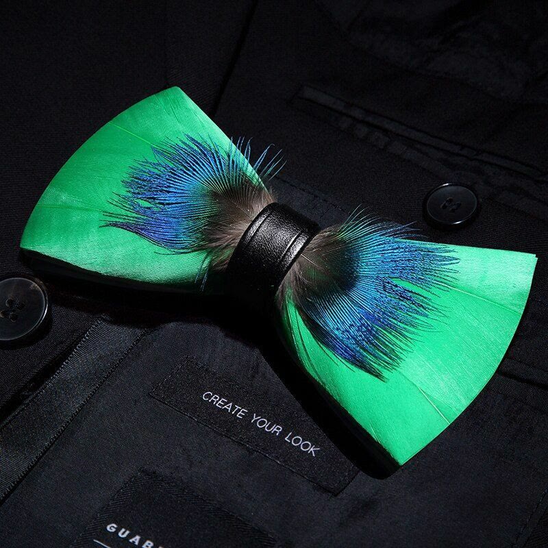 Blue & Green Novelty Feather Bow Tie with Lapel Pin - image 1