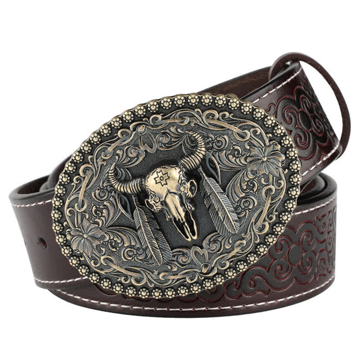 Men's Engarved Feather Bull Jeans Leather Belt - Style #1 - Coffee / Bronze - 46 - image 9