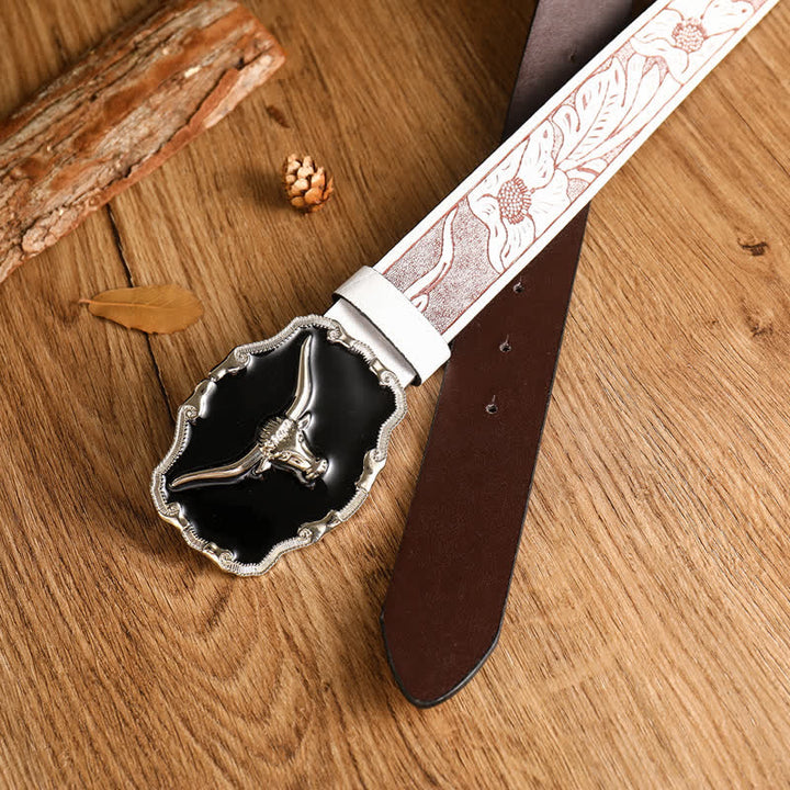 Men's Black Western Longhorn Bull Head Leather Belt - image 4