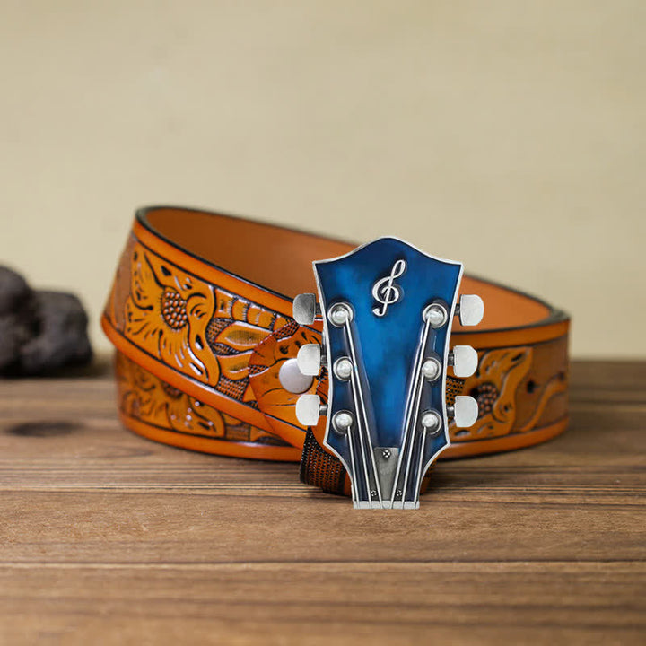 Men's DIY Musical Guitar Headstock Buckle Leather Belt - Blue - Orange Carved Belt (40) - image 31