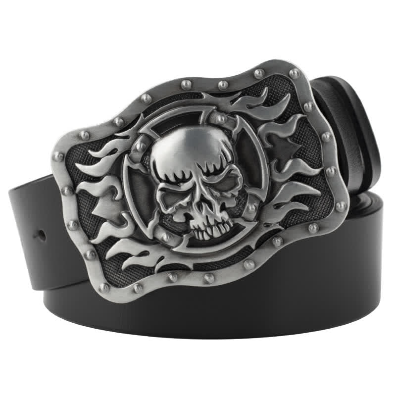 Men's Rectangular Flame Skull Leather Belt - Silver - 44 - image 0