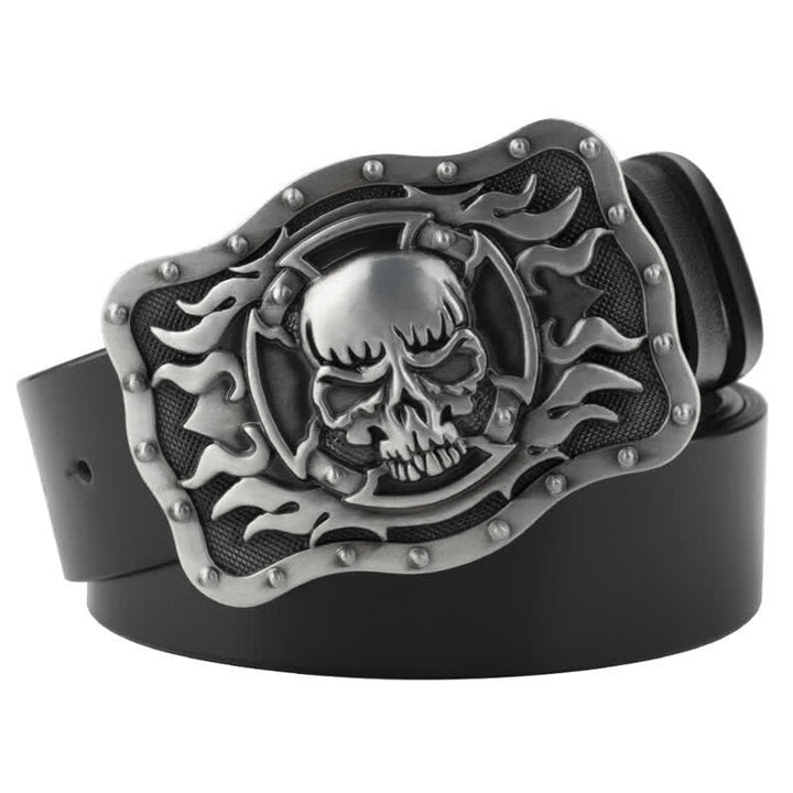 Men's Rectangular Flame Skull Leather Belt - Silver - 44 - image 0