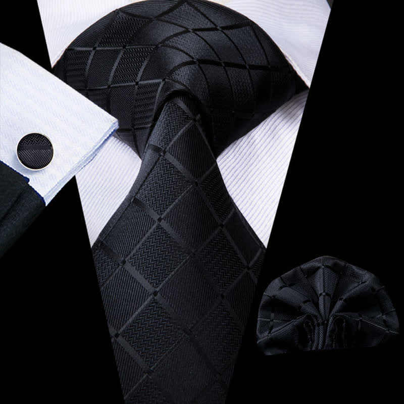 3Pcs Men's Black Business Plaid Necktie Set - Black - image 0