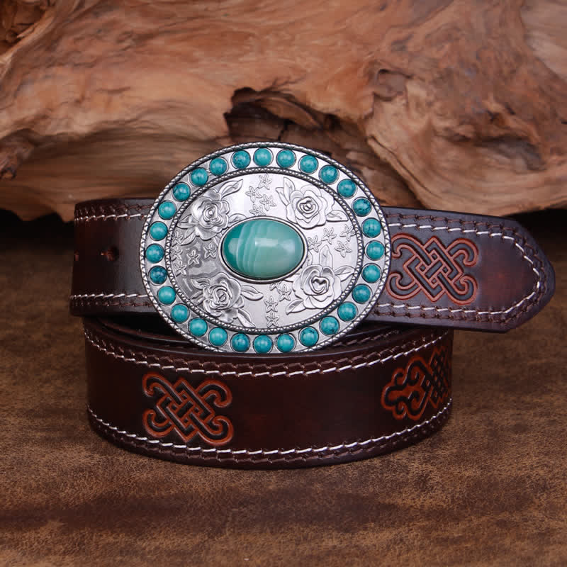 Unisex Carved Rose Turquoise Jade Agate Leather Belt - Coffee - 40 - image 0