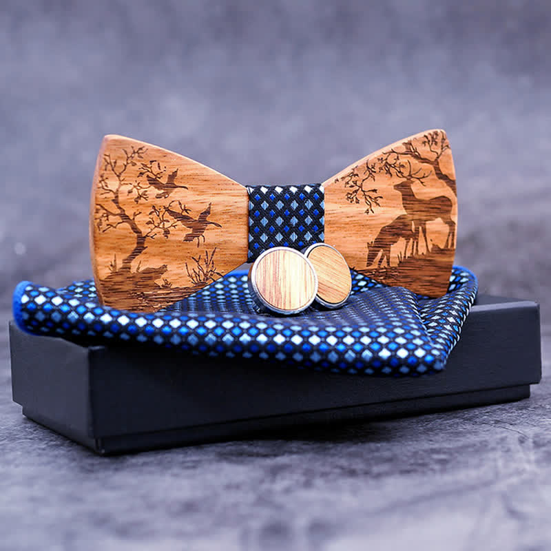 3Pcs Men's Fancy Christmas Elk Wooden Bow Tie Set - image 1