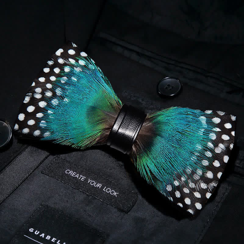 Cyan & White Polka Dots Feather Bow Tie with Lapel Pin - image 1