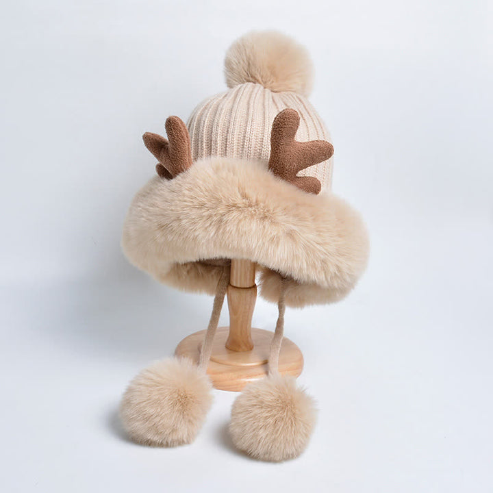Women's Cute Deer Horn Pompom Knitted Hat - Ivory - Adjustable (Approx. 21 5/8"-23 7/8") - image 9