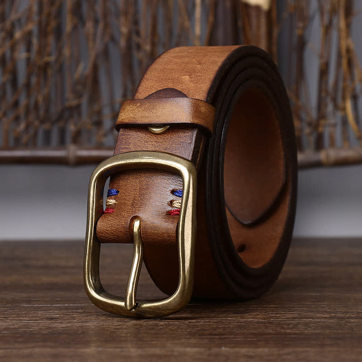 Men's Vintage Thicken Pure Cowhide Leather Belt - Yellowish Brown - 46 - image 0