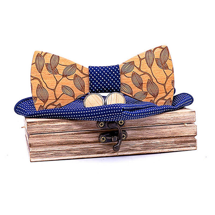 3Pcs Men's Leaf Patterned Wooden Bow Tie Set - Navy Dotty - image 7