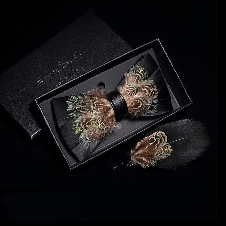 Black & Brown Rich Pheasant Feather Bow Tie with Lapel Pin - image 1