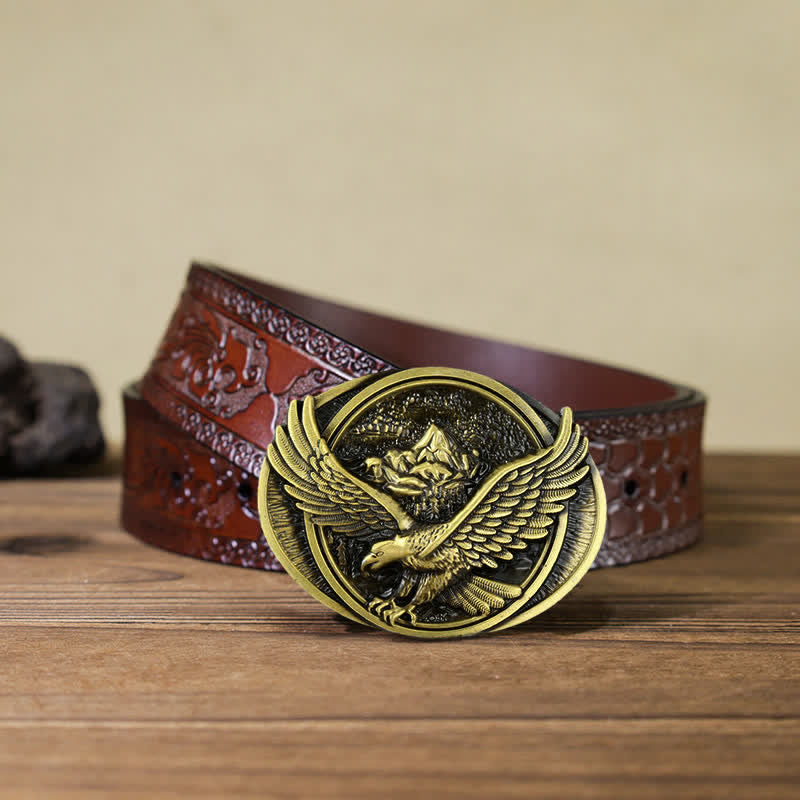 Men's DIY Domineering Flying Eagle Buckle Leather Belt - Antique Bronze - Brown Carved Belt (40) - image 20