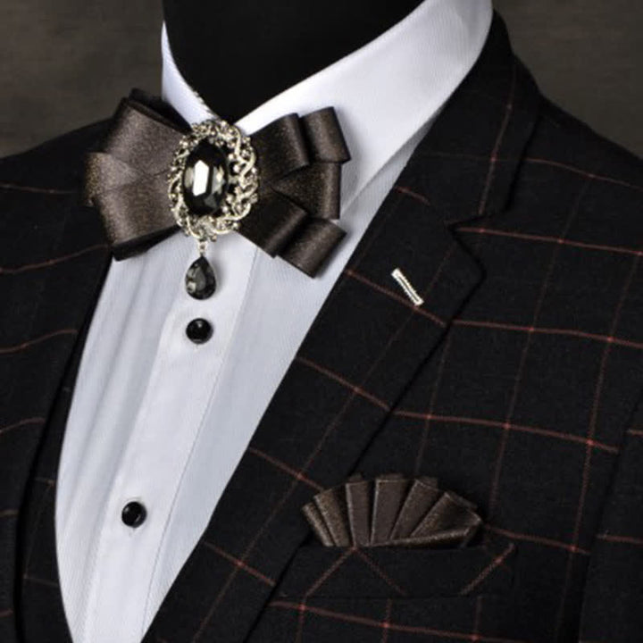 3Pcs Black Rhinestone Solid Colored Bow Tie Set - Black - image 11