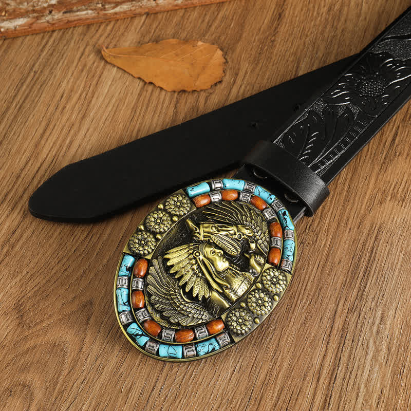 Men's Boho Indian Art Turquoise Leather Belt - image 9