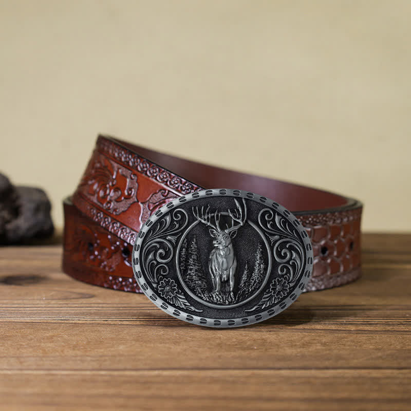 Men's DIY Deer Hunter American Flag Buckle Leather Belt - Silver Deer - Brown Carved Belt (40) - image 33