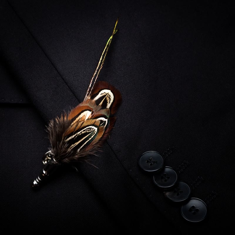 Kid's Brown Pheasant Feather Bow Tie with Lapel Pin - image 2