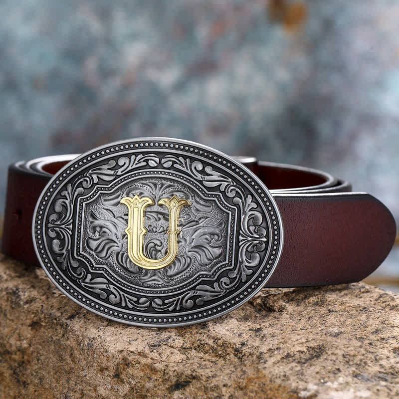 DIY Unisex Hip Hop Initial Letter Embossment Buckle Leather Belt - U - 44 - image 24