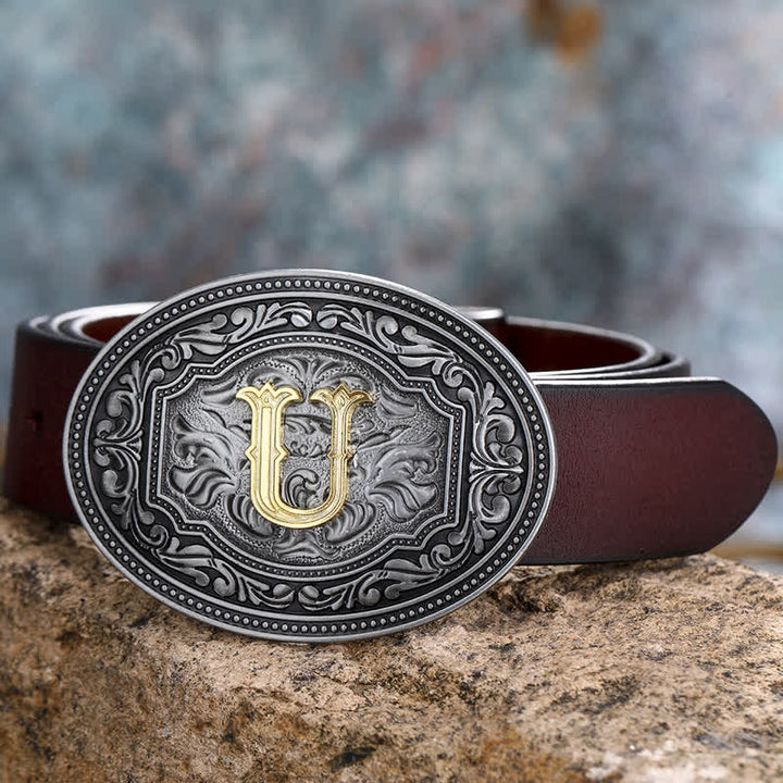 DIY Unisex Hip Hop Initial Letter Embossment Buckle Leather Belt - U - 44 - image 24