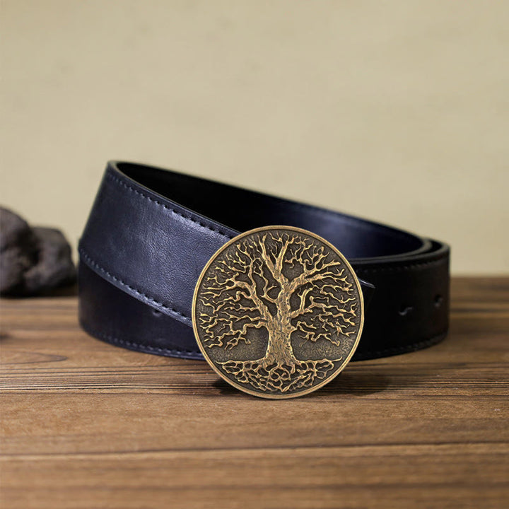 Men's DIY Tree of Life Round Buckle Leather Belt - Bronze - Black PU Belt (40) - image 7