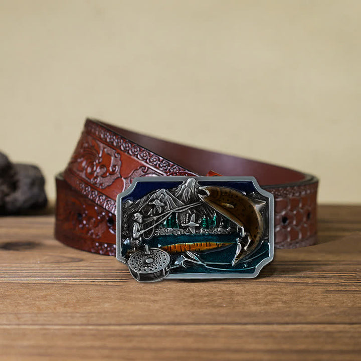 Men's DIY Fishing Enamel Rectangle Buckle Leather Belt - Fishing - Brown Carved Belt (40) - image 11