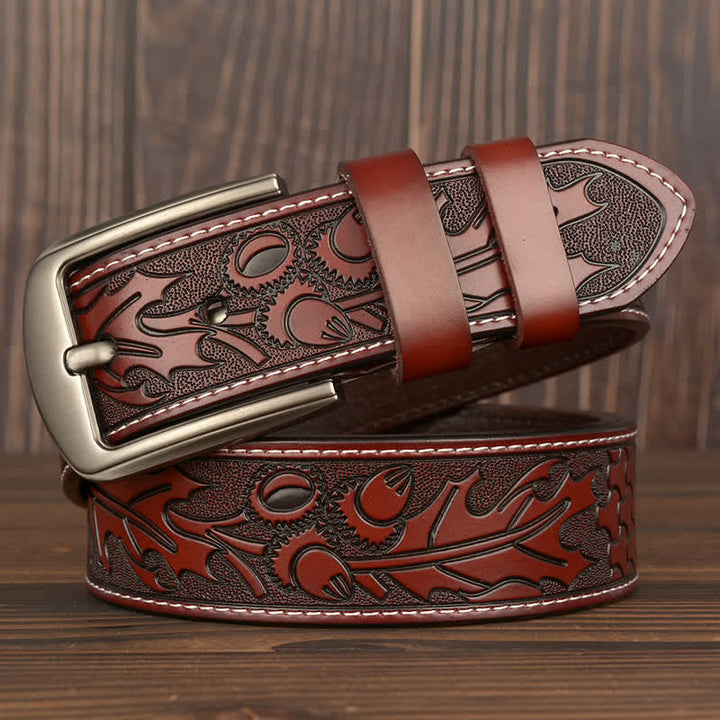 Men's Floral Embossed Pattern Leather Belt - Brown - 44 - image 18