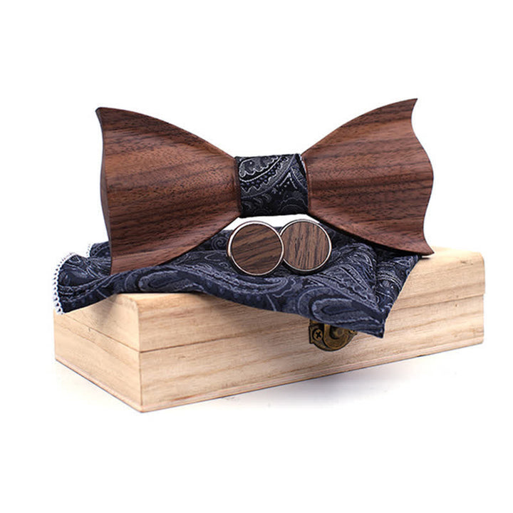 3Pcs Men's 3D Black Walnut Wooden Bow Tie Set - Black - image 9