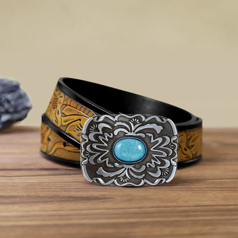 Men's DIY Turquoise Stone Flower Buckle Leather Belt - Turquoise - SandyBrown Belt (40) - image 14