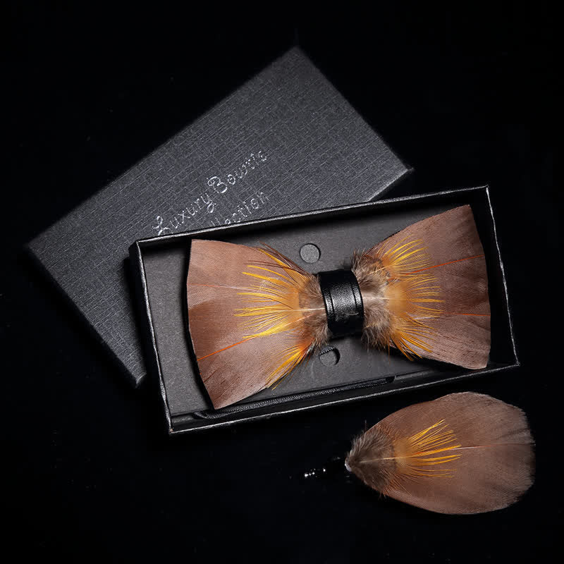 Sienna & Yellow Nature Feather Bow Tie with Lapel Pin - image 1