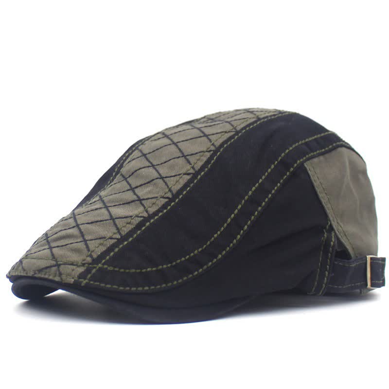 Vintage Embroidery Plaid Patchwork Beret Cap - Army Green & Black - Adjustable (about 21 5/8"-23 5/8") - image 6