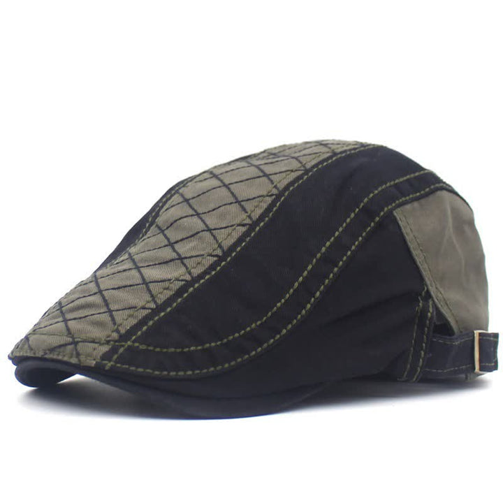 Vintage Embroidery Plaid Patchwork Beret Cap - Army Green & Black - Adjustable (about 21 5/8"-23 5/8") - image 6