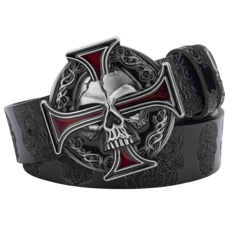 Men's Cross Skull Embossed Pattern Leather Belt - Black / Silver - 46 - image 0