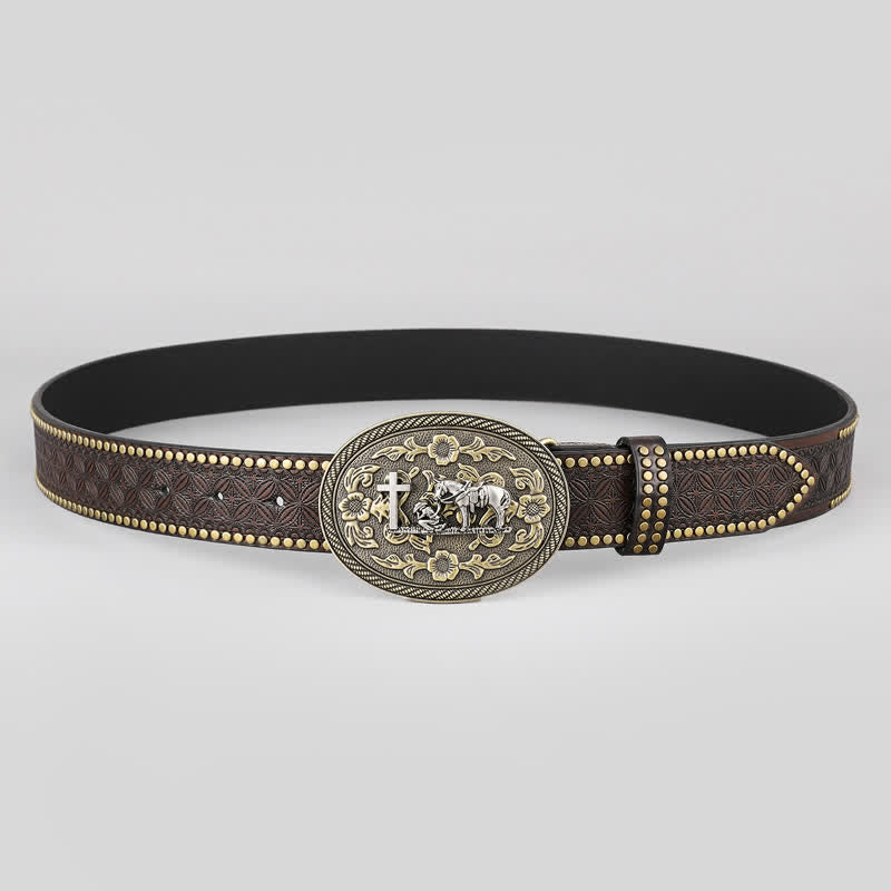Men's Cross Horse Decor Oval Buckle Leather Belt - image 2