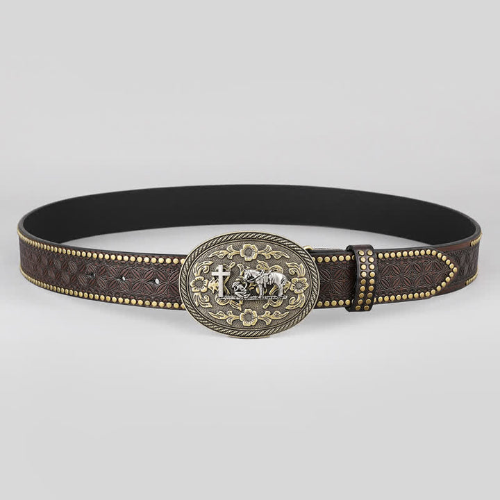 Men's Cross Horse Decor Oval Buckle Leather Belt - image 2