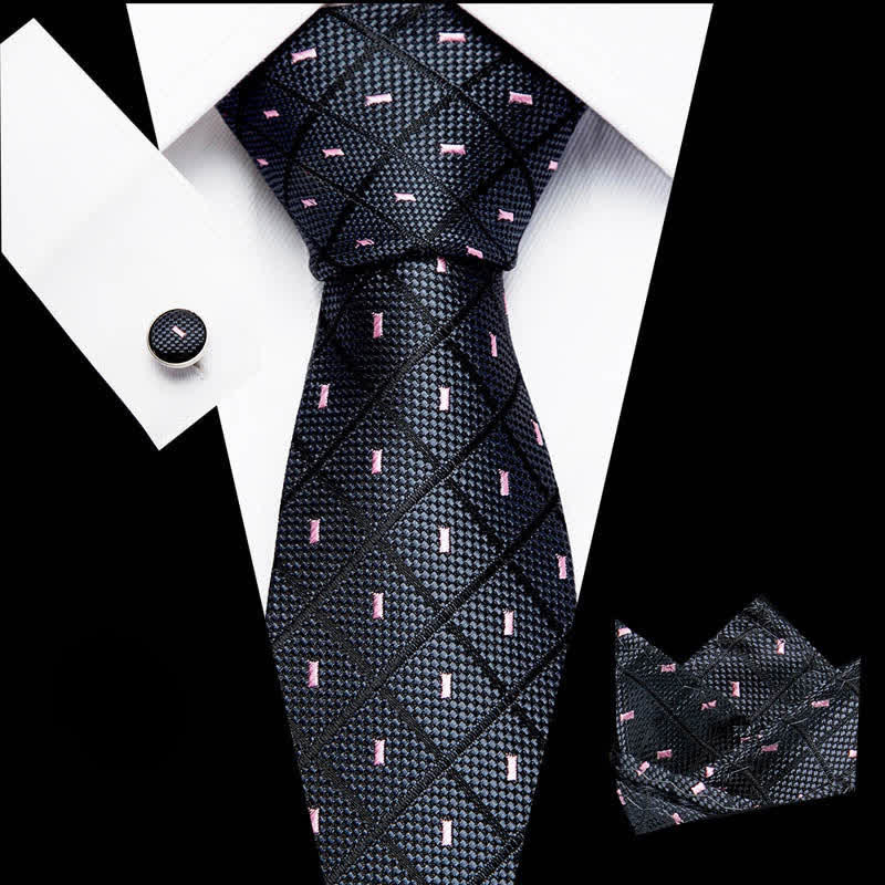 3Pcs Men's Black & Pink Check & Dots Necktie Set - Black & Pink - image 0