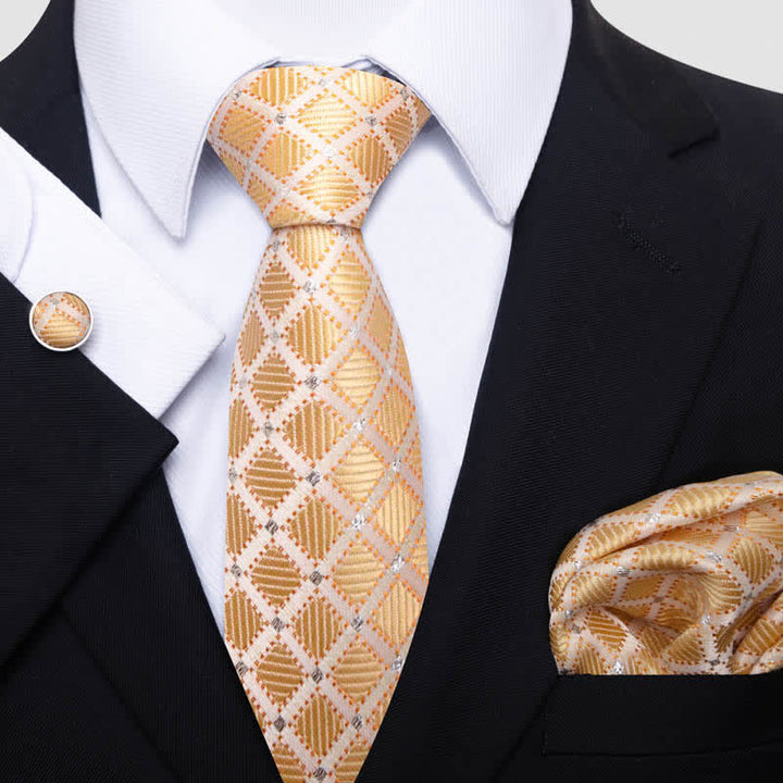 3Pcs Men's Tasteful Gold & Bisque Checked Necktie Set - Gold & Bisque - image 0