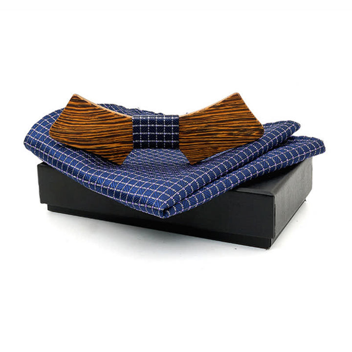 2Pcs Men's Collar-shaped Wooden Bow Tie Set - Navy Plaid - image 2