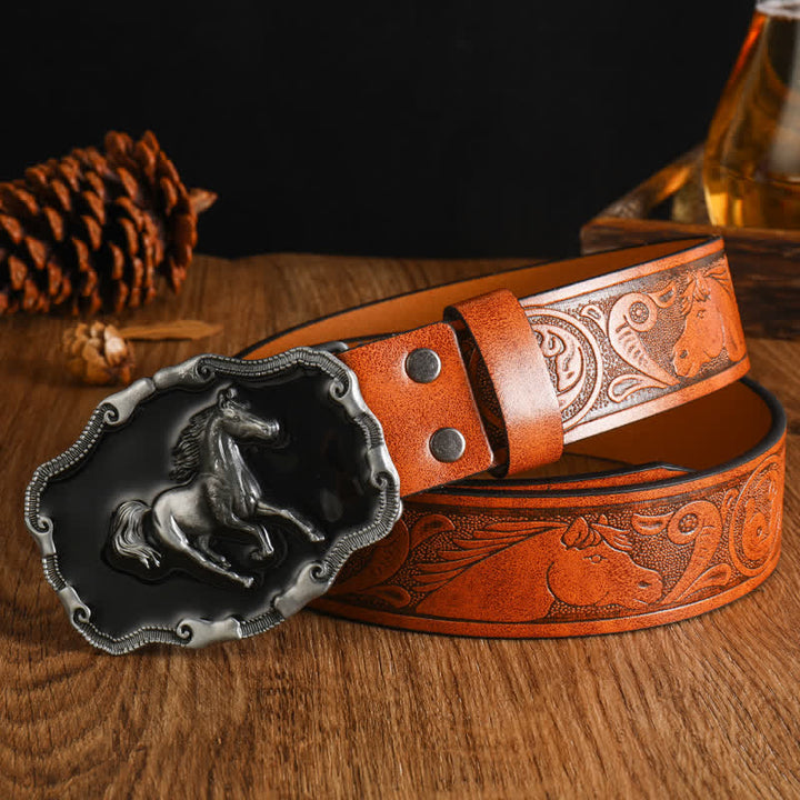 Men's Black Silver Running Horse Leather Belt - Style #6 - 42 - image 11