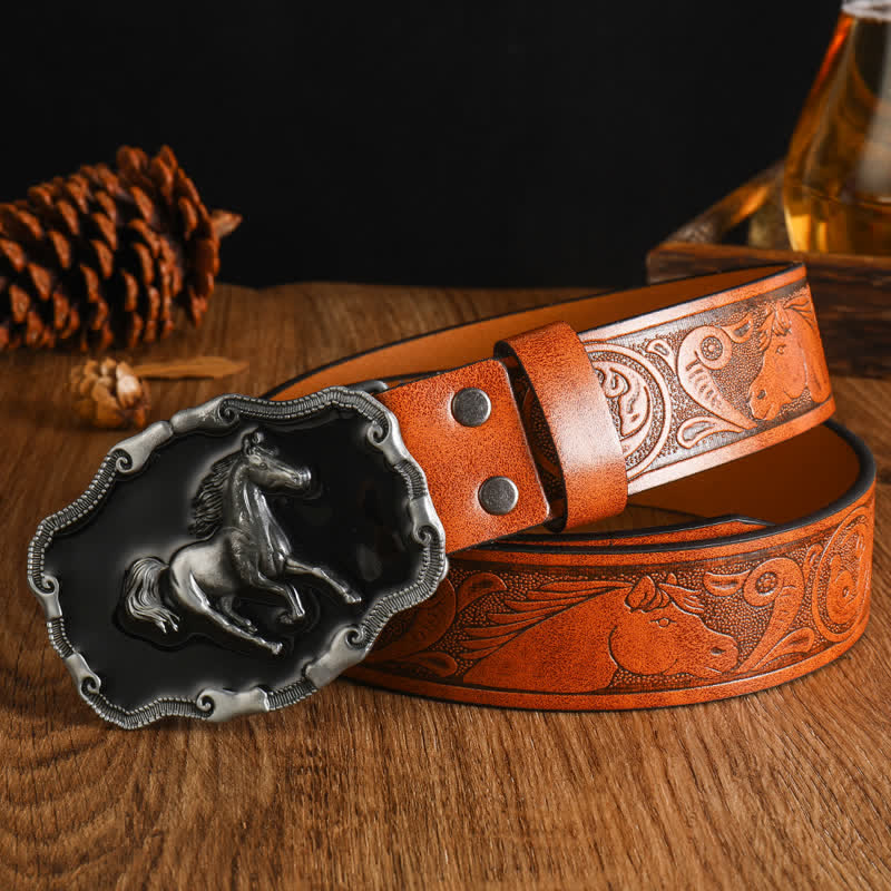 Men's Black Silver Running Horse Leather Belt - Style #6 - 42 - image 11