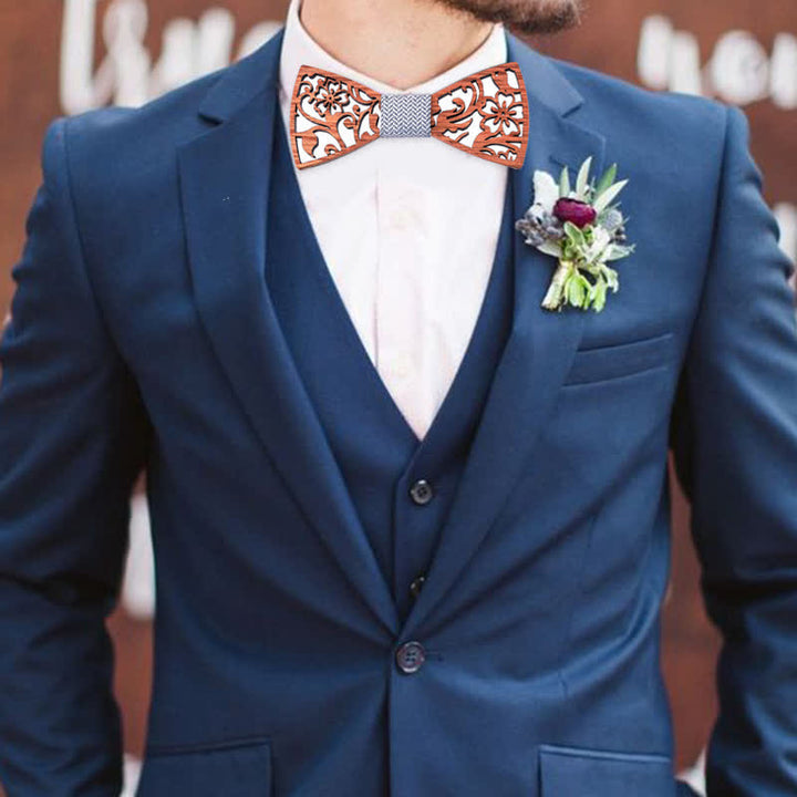 4pcs Men's Hollow Floral Wooden Bow Tie Set - image 3