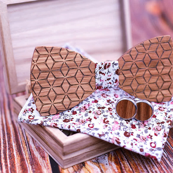 4Pcs Men's Geometric Carving Wooden Bow Tie Set - image 2