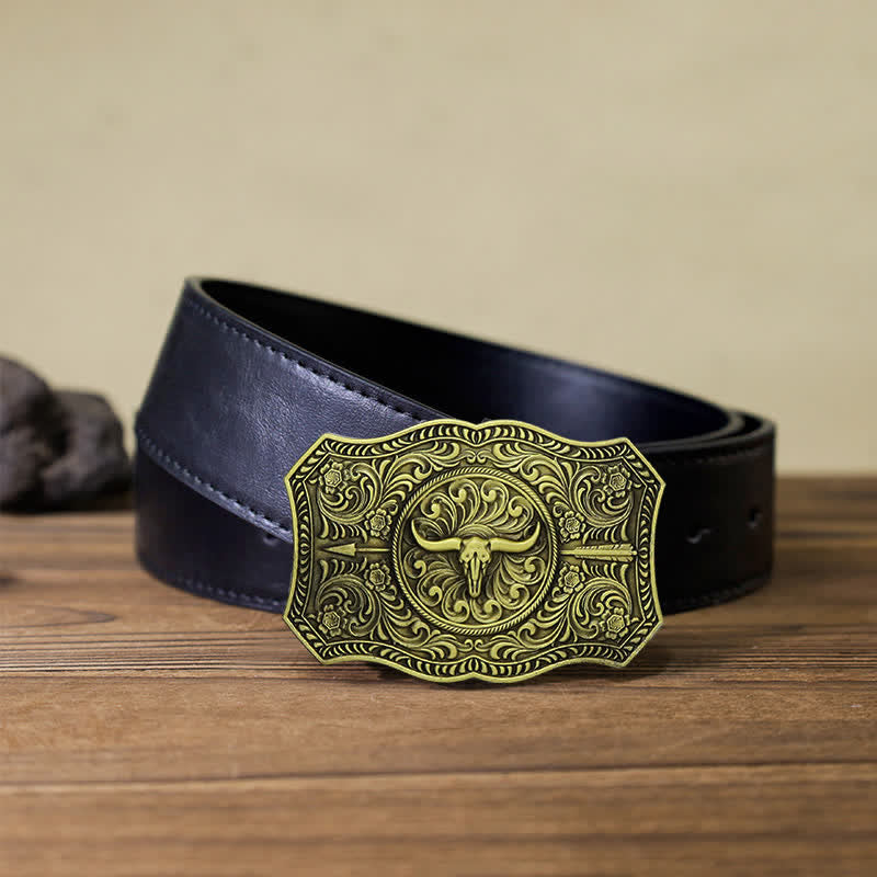 Men's DIY Long Horn Bull Arrow Buckle Leather Belt - Antique Bronze - Black PU Belt (40) - image 7